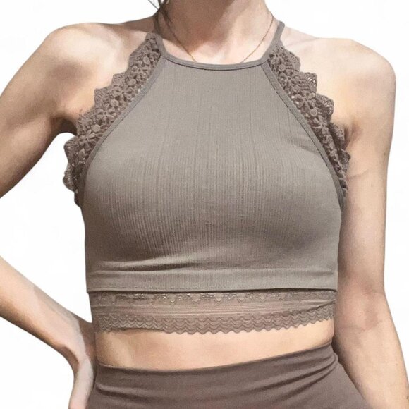 Brown Halter Cropped Tank Top - Picture 2 of 2